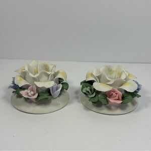 PAIR 2 Vintage White Albert E Price Rose Floral Flowers Taper Candle Holders Set